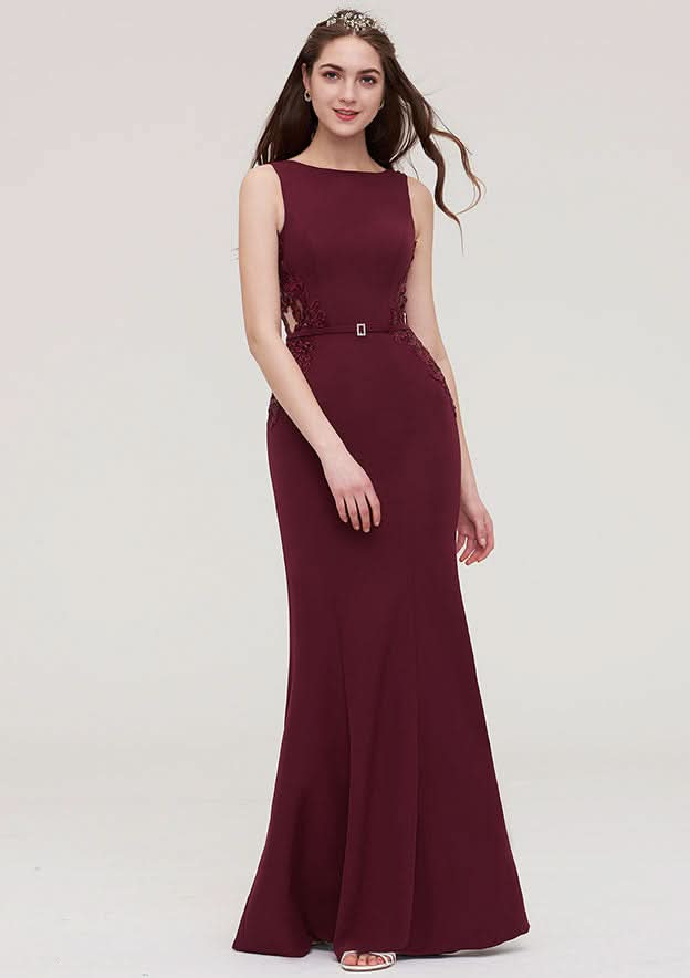 Floor-Length Elastic Satin Bridesmaid Dress In Sheath/Column Shape, Bateau Neck, Sleeveless, With Waistband, Lace, And Sequins BM bride