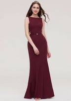 Floor-Length Elastic Satin Bridesmaid Dress In Sheath/Column Shape, Bateau Neck, Sleeveless, With Waistband, Lace, And Sequins BM bride