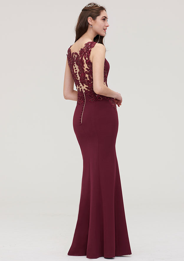 Floor-Length Elastic Satin Bridesmaid Dress In Sheath/Column Shape, Bateau Neck, Sleeveless, With Waistband, Lace, And Sequins BM bride