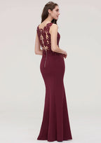 Floor-Length Elastic Satin Bridesmaid Dress In Sheath/Column Shape, Bateau Neck, Sleeveless, With Waistband, Lace, And Sequins BM bride