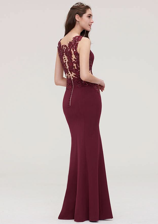 Floor-Length Elastic Satin Bridesmaid Dress In Sheath/Column Shape, Bateau Neck, Sleeveless, With Waistband, Lace, And Sequins BM bride