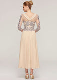 Tea-Length Chiffon Mother of the Bride Dress with Sequins Beading Lace, 3/4 Sleeve Bateau A-line BM bride