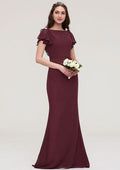 Floor-Length Chiffon Bridesmaid Dress, Sheath/Column Shape, Bateau Neck, Short Sleeves, With Crystal Detailing And Sashes BM bride