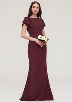 Floor-Length Chiffon Bridesmaid Dress, Sheath/Column Shape, Bateau Neck, Short Sleeves, With Crystal Detailing And Sashes BM bride