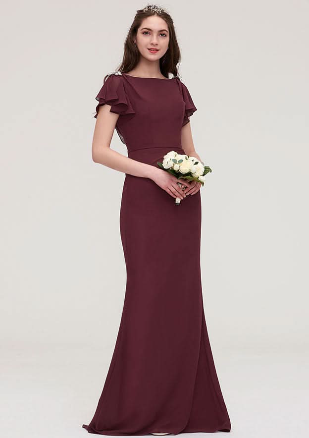 Floor-Length Chiffon Bridesmaid Dress, Sheath/Column Shape, Bateau Neck, Short Sleeves, With Crystal Detailing And Sashes BM bride