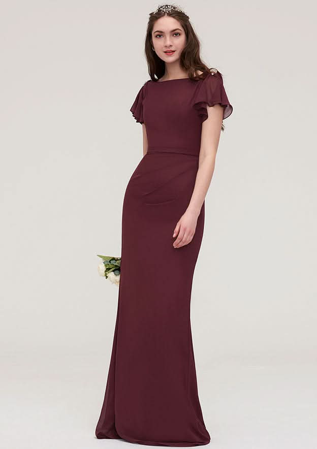 Floor-Length Chiffon Bridesmaid Dress, Sheath/Column Shape, Bateau Neck, Short Sleeves, With Crystal Detailing And Sashes BM bride
