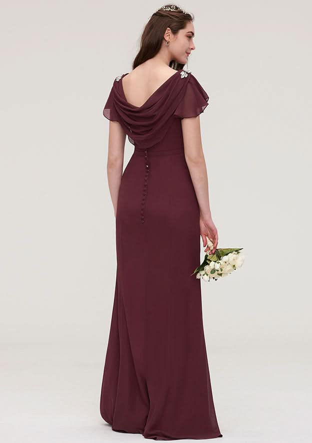 Floor-Length Chiffon Bridesmaid Dress, Sheath/Column Shape, Bateau Neck, Short Sleeves, With Crystal Detailing And Sashes BM bride