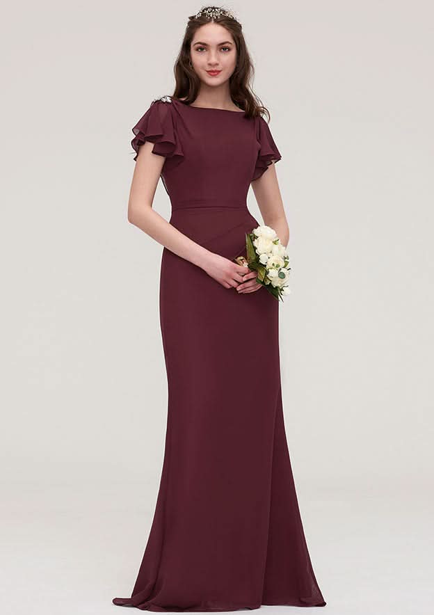 Floor-Length Chiffon Bridesmaid Dress, Sheath/Column Shape, Bateau Neck, Short Sleeves, With Crystal Detailing And Sashes BM bride