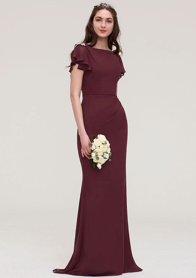 Floor-Length Chiffon Bridesmaid Dress, Sheath/Column Shape, Bateau Neck, Short Sleeves, With Crystal Detailing And Sashes BM bride