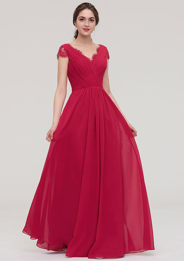 Floor-Length Chiffon Bridesmaid Dress, A-Line/Princess Cut, Sweetheart Neck, Short Sleeve, With Pleats And Beading BM bride