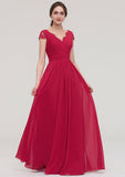 Floor-Length Chiffon Bridesmaid Dress, A-Line/Princess Cut, Sweetheart Neck, Short Sleeve, With Pleats And Beading BM bride