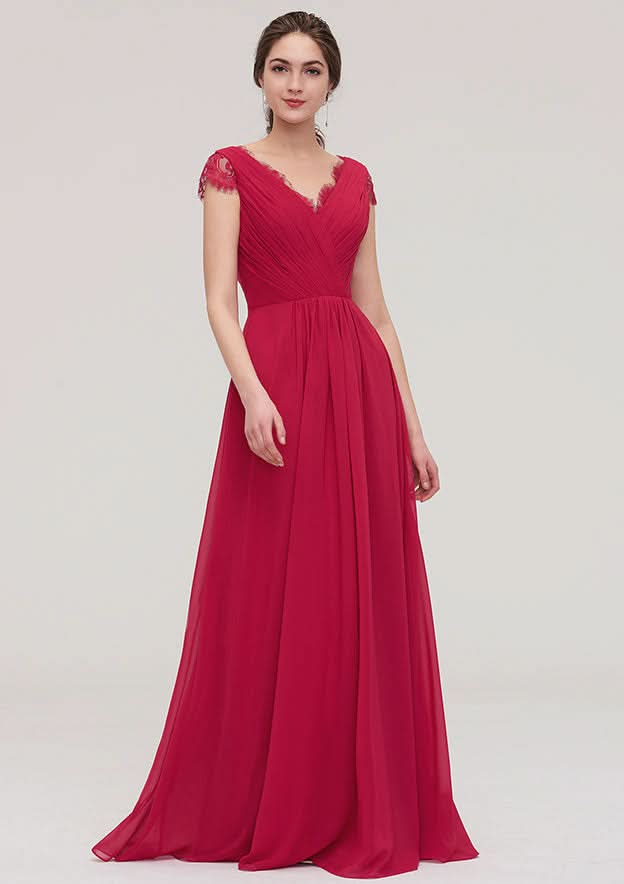 Floor-Length Chiffon Bridesmaid Dress, A-Line/Princess Cut, Sweetheart Neck, Short Sleeve, With Pleats And Beading BM bride