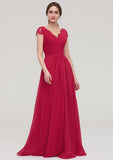 Floor-Length Chiffon Bridesmaid Dress, A-Line/Princess Cut, Sweetheart Neck, Short Sleeve, With Pleats And Beading BM bride