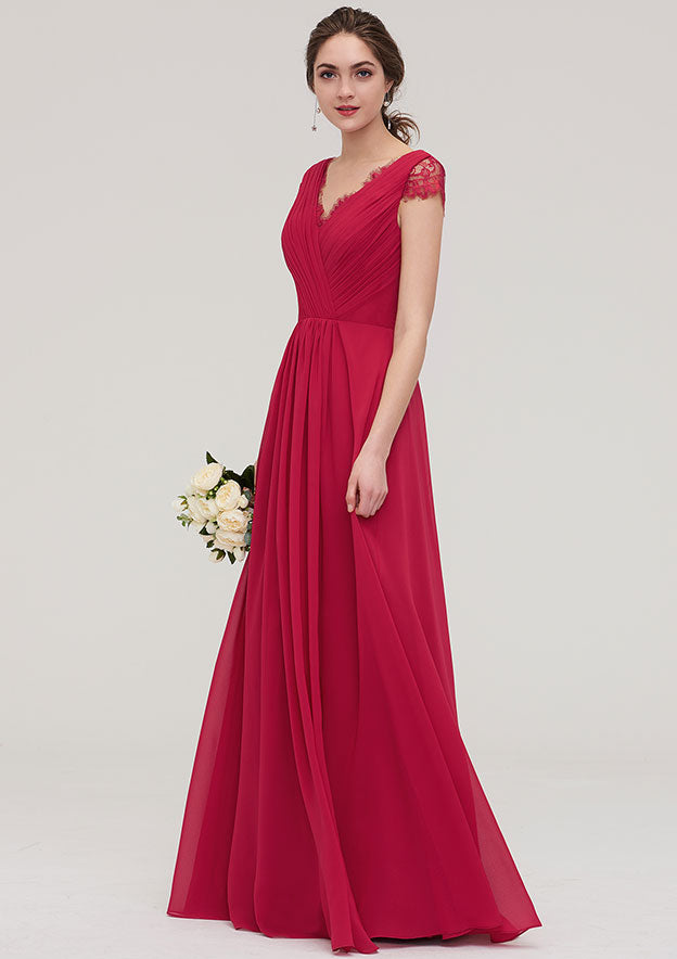Floor-Length Chiffon Bridesmaid Dress, A-Line/Princess Cut, Sweetheart Neck, Short Sleeve, With Pleats And Beading BM bride