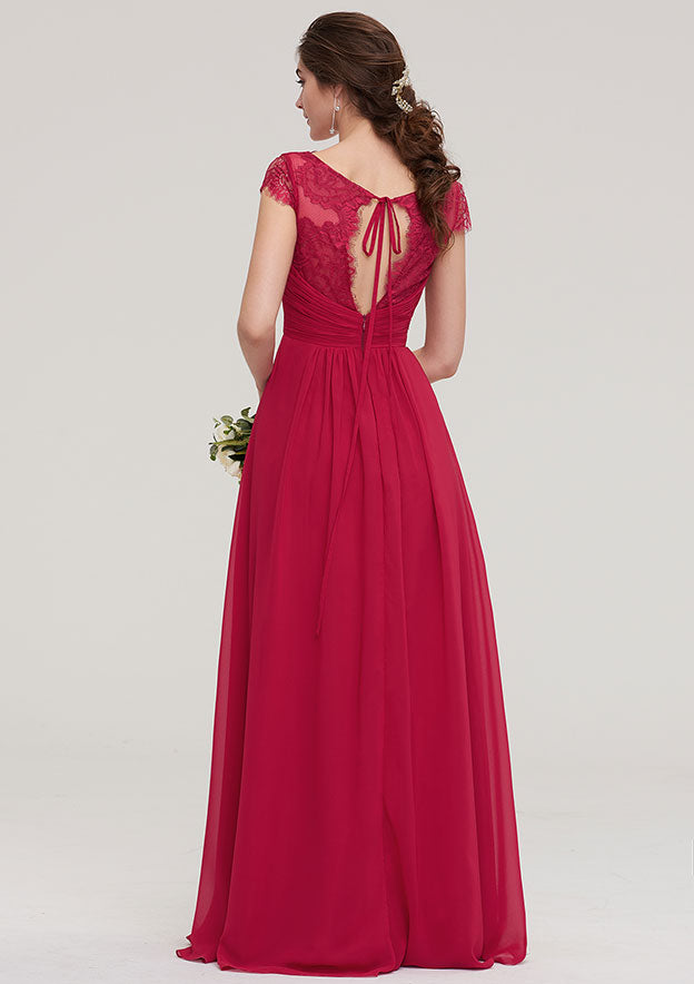 Floor-Length Chiffon Bridesmaid Dress, A-Line/Princess Cut, Sweetheart Neck, Short Sleeve, With Pleats And Beading BM bride