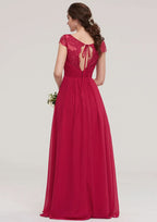 Floor-Length Chiffon Bridesmaid Dress, A-Line/Princess Cut, Sweetheart Neck, Short Sleeve, With Pleats And Beading BM bride
