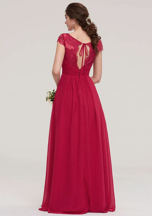 Floor-Length Chiffon Bridesmaid Dress, A-Line/Princess Cut, Sweetheart Neck, Short Sleeve, With Pleats And Beading BM bride