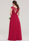 Floor-Length Chiffon Bridesmaid Dress, A-Line/Princess Cut, Sweetheart Neck, Short Sleeve, With Pleats And Beading BM bride
