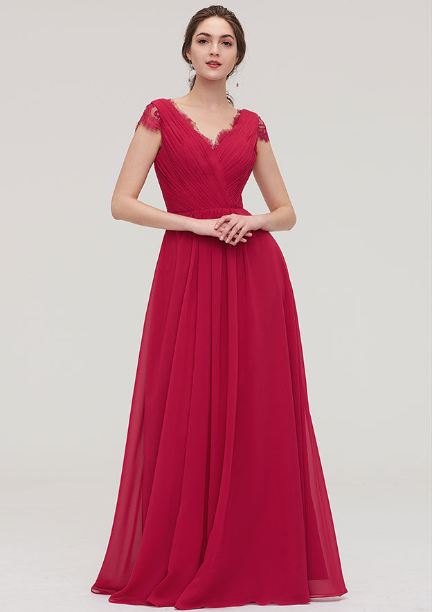 Floor-Length Chiffon Bridesmaid Dress, A-Line/Princess Cut, Sweetheart Neck, Short Sleeve, With Pleats And Beading BM bride