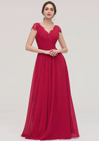 Floor-Length Chiffon Bridesmaid Dress, A-Line/Princess Cut, Sweetheart Neck, Short Sleeve, With Pleats And Beading BM bride