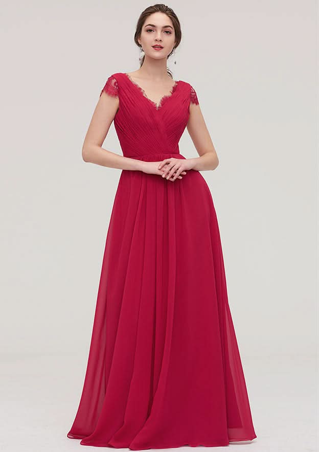 Floor-Length Chiffon Bridesmaid Dress, A-Line/Princess Cut, Sweetheart Neck, Short Sleeve, With Pleats And Beading BM bride
