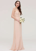 Floor-Length Chiffon Bridesmaid Dress, A-Line/Princess Shape, Bateau Neck, Sleeveless, With Lace And Pleats BM bride