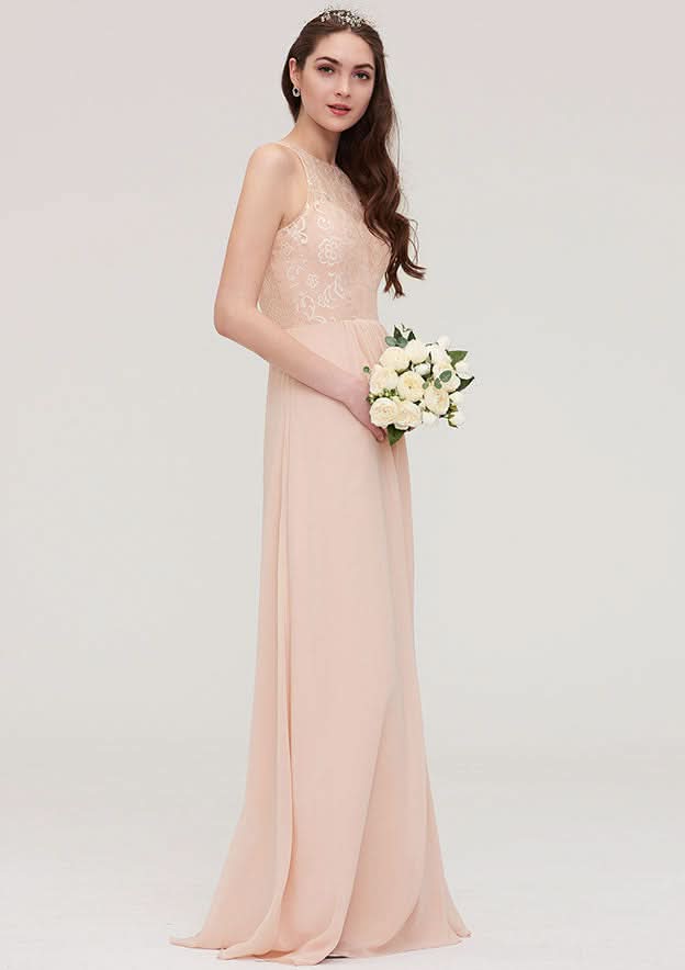 Floor-Length Chiffon Bridesmaid Dress, A-Line/Princess Shape, Bateau Neck, Sleeveless, With Lace And Pleats BM bride