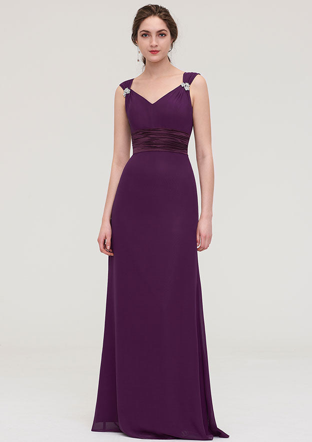 Floor-Length Chiffon Bridesmaid Dress, Sheath/Column Shape, V-Neck, Sleeveless, With Sashes, Beading, And Pleats BM bride