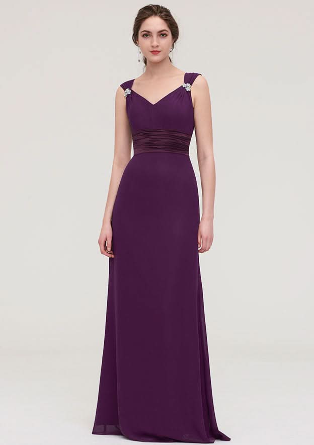 Floor-Length Chiffon Bridesmaid Dress, Sheath/Column Shape, V-Neck, Sleeveless, With Sashes, Beading, And Pleats BM bride