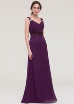 Floor-Length Chiffon Bridesmaid Dress, Sheath/Column Shape, V-Neck, Sleeveless, With Sashes, Beading, And Pleats BM bride