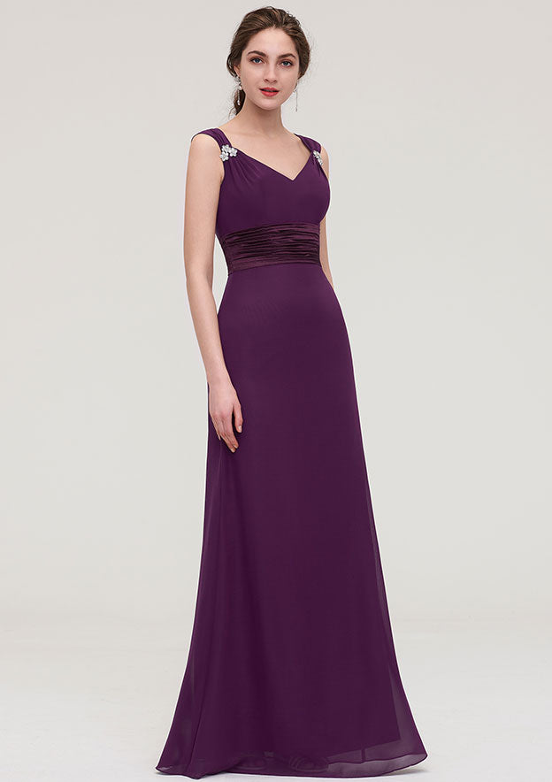 Floor-Length Chiffon Bridesmaid Dress, Sheath/Column Shape, V-Neck, Sleeveless, With Sashes, Beading, And Pleats BM bride