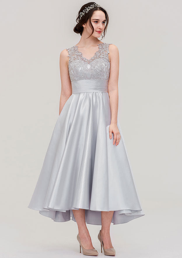 Floor-Length Asymmetrical Satin Bridesmaid Dress, A-Line/Princess Style, V-Neck, Sleeveless, With Pleats And Lace BM bride