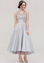 Floor-Length Asymmetrical Satin Bridesmaid Dress, A-Line/Princess Style, V-Neck, Sleeveless, With Pleats And Lace BM bride