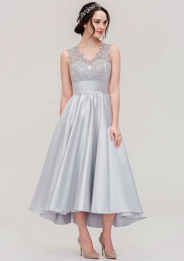 Floor-Length Asymmetrical Satin Bridesmaid Dress, A-Line/Princess Style, V-Neck, Sleeveless, With Pleats And Lace BM bride