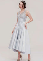 Floor-Length Asymmetrical Satin Bridesmaid Dress, A-Line/Princess Style, V-Neck, Sleeveless, With Pleats And Lace BM bride