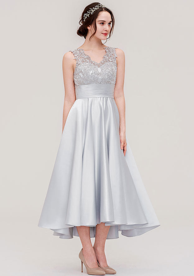 Floor-Length Asymmetrical Satin Bridesmaid Dress, A-Line/Princess Style, V-Neck, Sleeveless, With Pleats And Lace BM bride