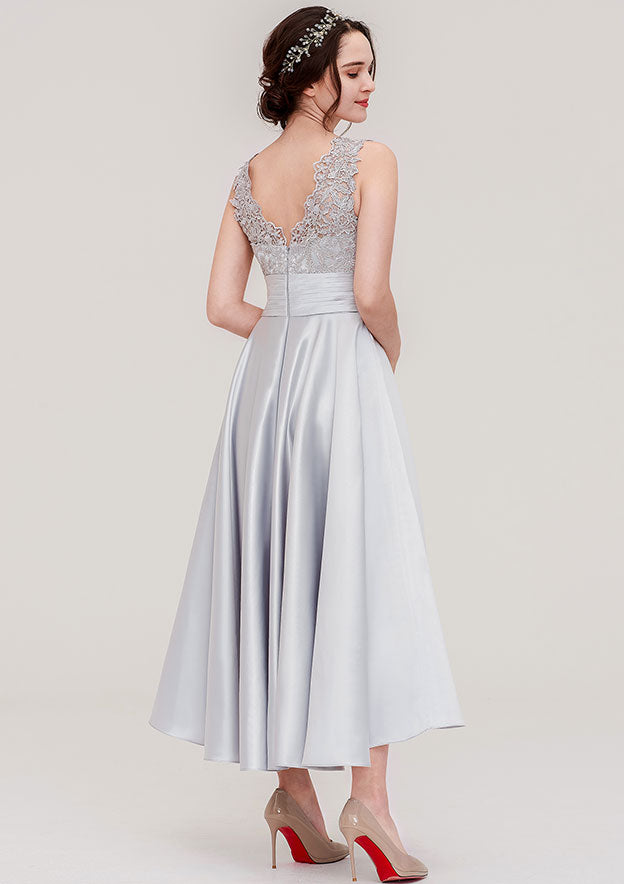 Floor-Length Asymmetrical Satin Bridesmaid Dress, A-Line/Princess Style, V-Neck, Sleeveless, With Pleats And Lace BM bride