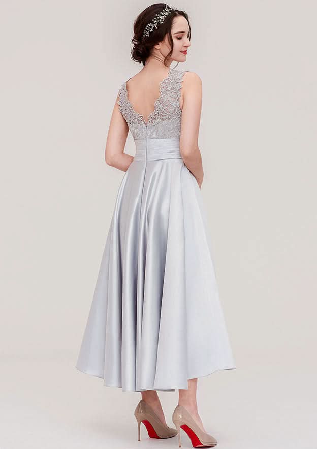 Floor-Length Asymmetrical Satin Bridesmaid Dress, A-Line/Princess Style, V-Neck, Sleeveless, With Pleats And Lace BM bride