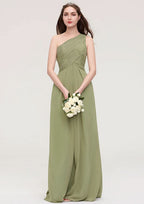 Floor-Length Chiffon Bridesmaid Dress, A-Line/Princess Cut, One-Shoulder, Sleeveless, With Pleats BM bride