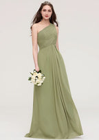 Floor-Length Chiffon Bridesmaid Dress, A-Line/Princess Cut, One-Shoulder, Sleeveless, With Pleats BM bride