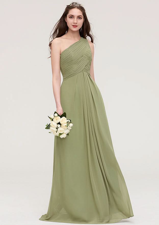Floor-Length Chiffon Bridesmaid Dress, A-Line/Princess Cut, One-Shoulder, Sleeveless, With Pleats BM bride