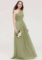 Floor-Length Chiffon Bridesmaid Dress, A-Line/Princess Cut, One-Shoulder, Sleeveless, With Pleats BM bride