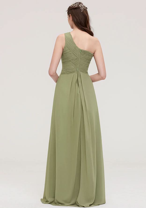 Floor-Length Chiffon Bridesmaid Dress, A-Line/Princess Cut, One-Shoulder, Sleeveless, With Pleats BM bride