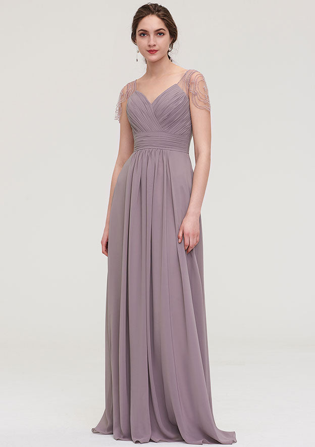 Floor-Length Chiffon Bridesmaid Dress, A-Line/Princess Shape, Bateau Neck, Sleeveless, With Lace And Pleats Ruffled BM bride