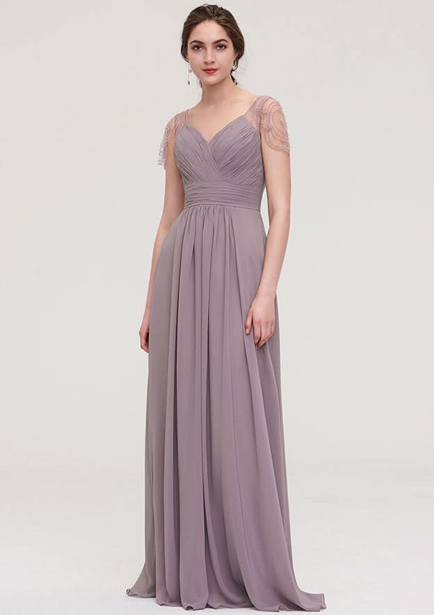 Floor-Length Chiffon Bridesmaid Dress, A-Line/Princess Shape, Bateau Neck, Sleeveless, With Lace And Pleats Ruffled BM bride