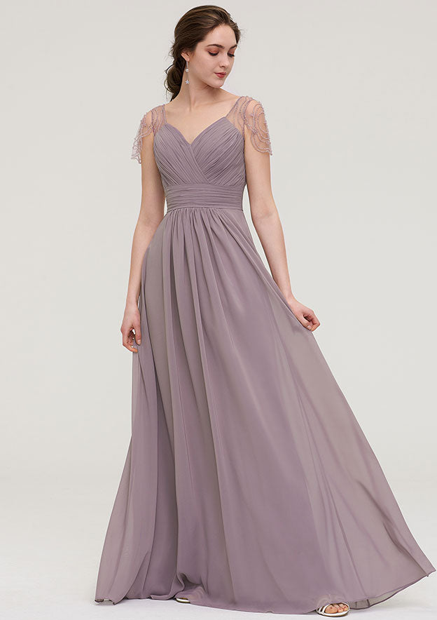 Floor-Length Chiffon Bridesmaid Dress, A-Line/Princess Shape, Bateau Neck, Sleeveless, With Lace And Pleats Ruffled BM bride