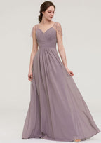 Floor-Length Chiffon Bridesmaid Dress, A-Line/Princess Shape, Bateau Neck, Sleeveless, With Lace And Pleats Ruffled BM bride