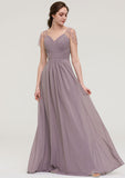 Floor-Length Chiffon Bridesmaid Dress, A-Line/Princess Shape, Bateau Neck, Sleeveless, With Lace And Pleats Ruffled BM bride