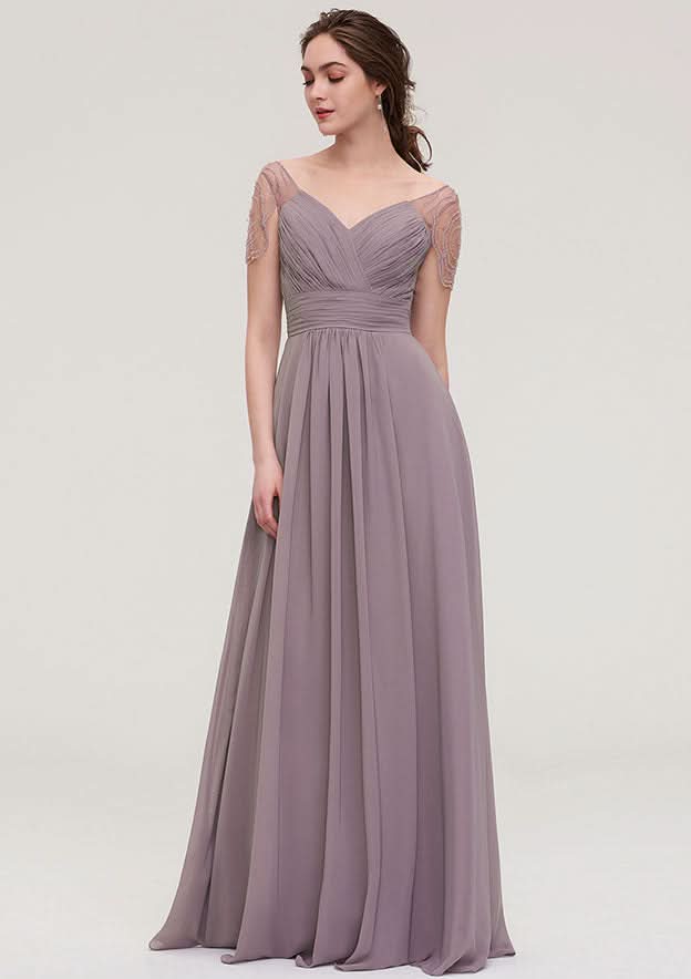 Floor-Length Chiffon Bridesmaid Dress, A-Line/Princess Shape, Bateau Neck, Sleeveless, With Lace And Pleats Ruffled BM bride