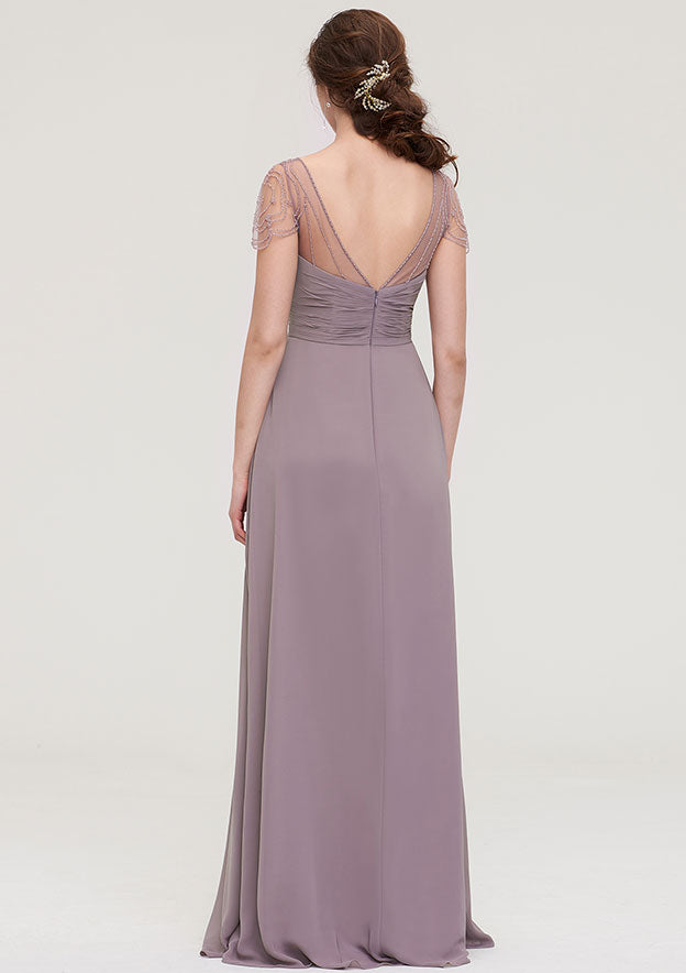 Floor-Length Chiffon Bridesmaid Dress, A-Line/Princess Shape, Bateau Neck, Sleeveless, With Lace And Pleats Ruffled BM bride